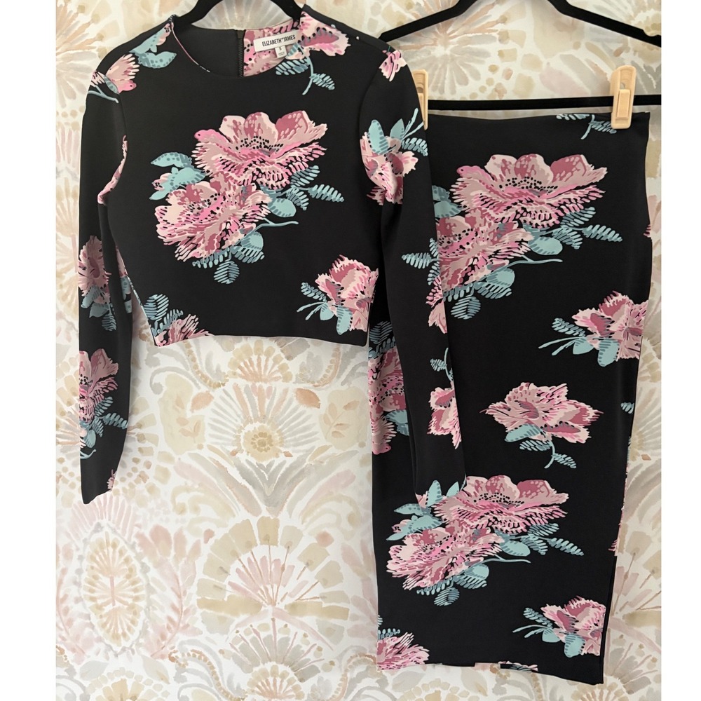 Elizabeth and James Floral Crop Top and Midi Pencil Skirt Set Black Pink S - Picture 1 of 8